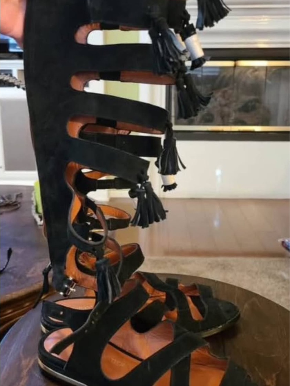 Women's Black Suede Gladiator Tassel Sandals